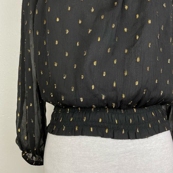 Ann Taylor | Black Chiffon Metallic Clip Smocked Ruffle Neck Top Career Blouse - Picture 10 of 13